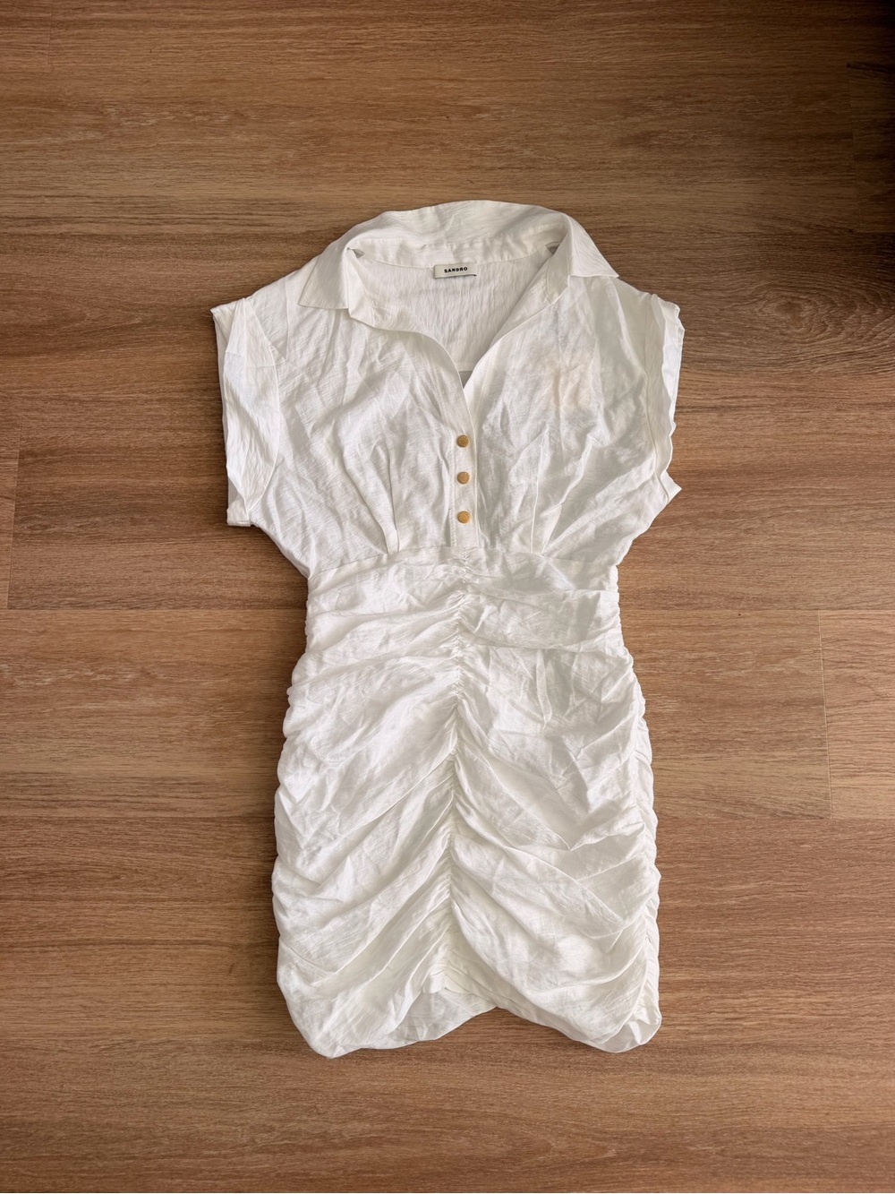 Sandro White Ruched Shirt Mini Dress